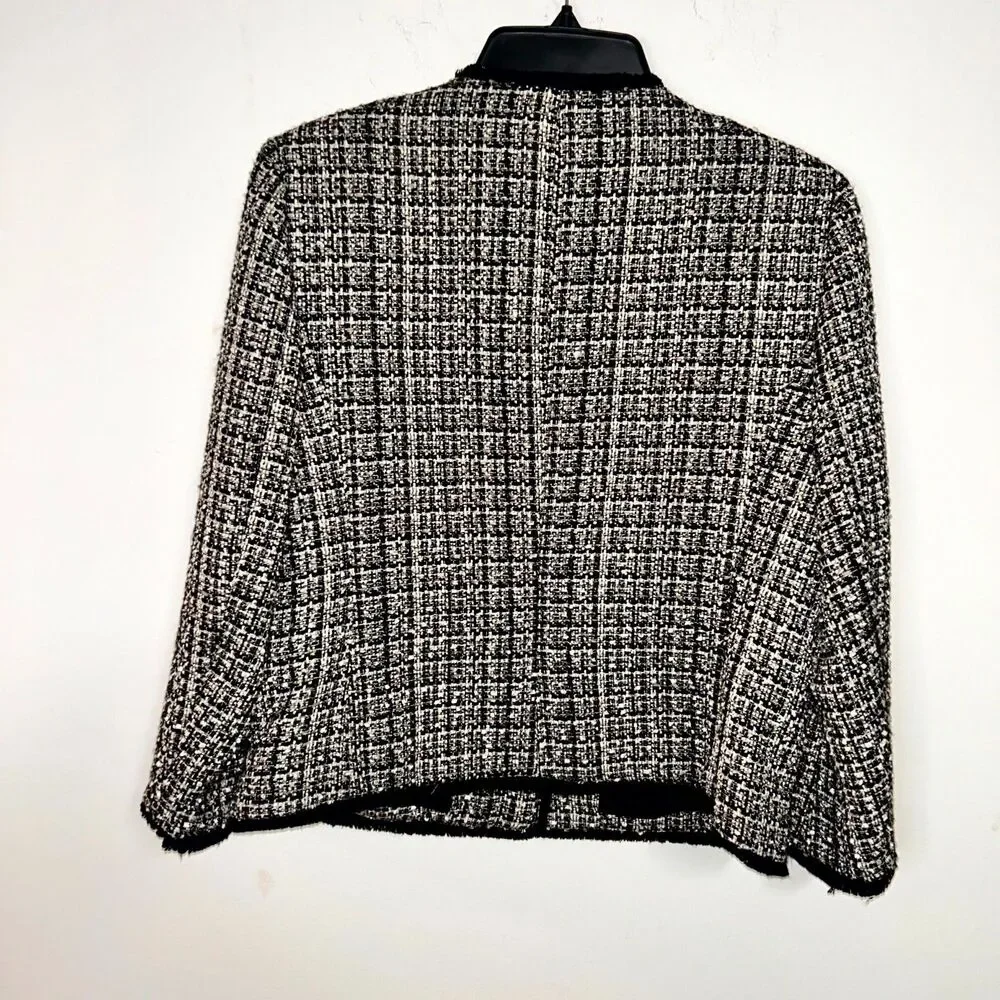 Anne Klein Blazer Women's 8 Black White Tweed Fringe Trim Career Office Wear